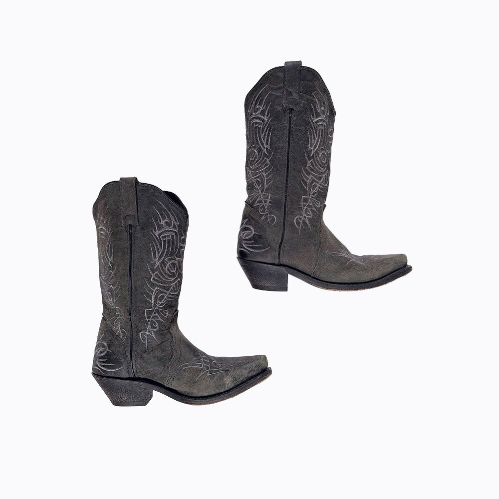 Rockin Country Gray Leather Boots 7M Embroidered Cowgirl Western Boho Chic Rodeo